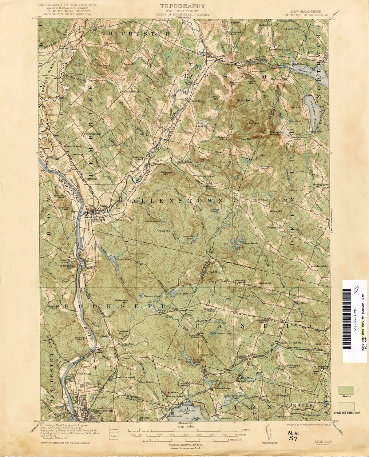1919 USGS topographic map of the Suncook quadrangle, which covers Allenstown, New Hampshire