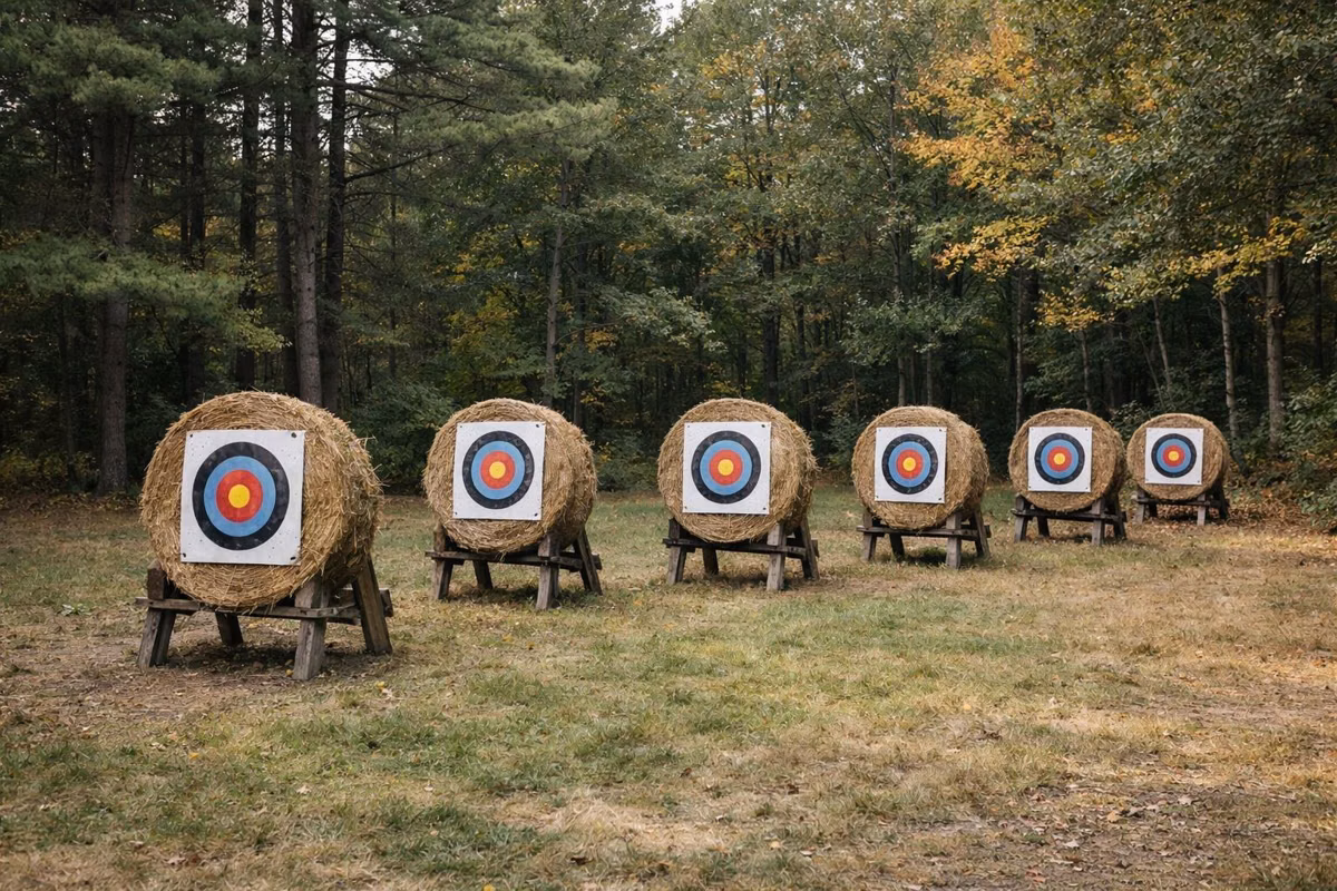 Straw archery target bales in a grassy forest clearing