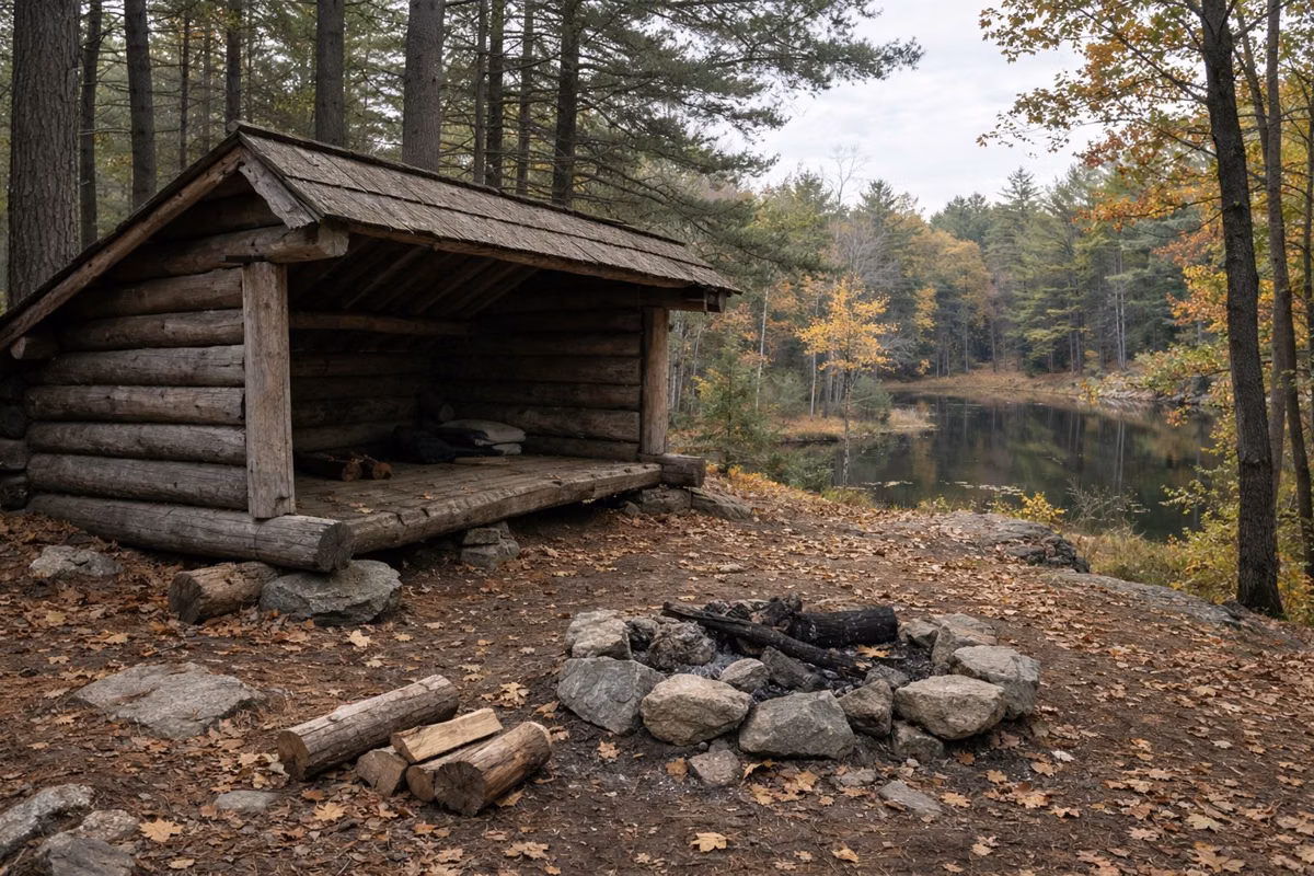 An open-front log lean-to shelter on a wooded rise above a pond