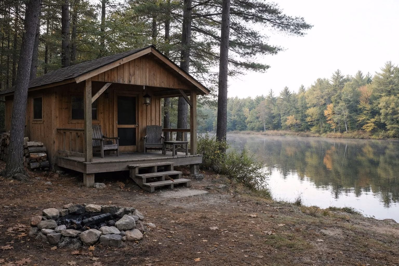 A small wooden camper cabin among pines near a quiet pond