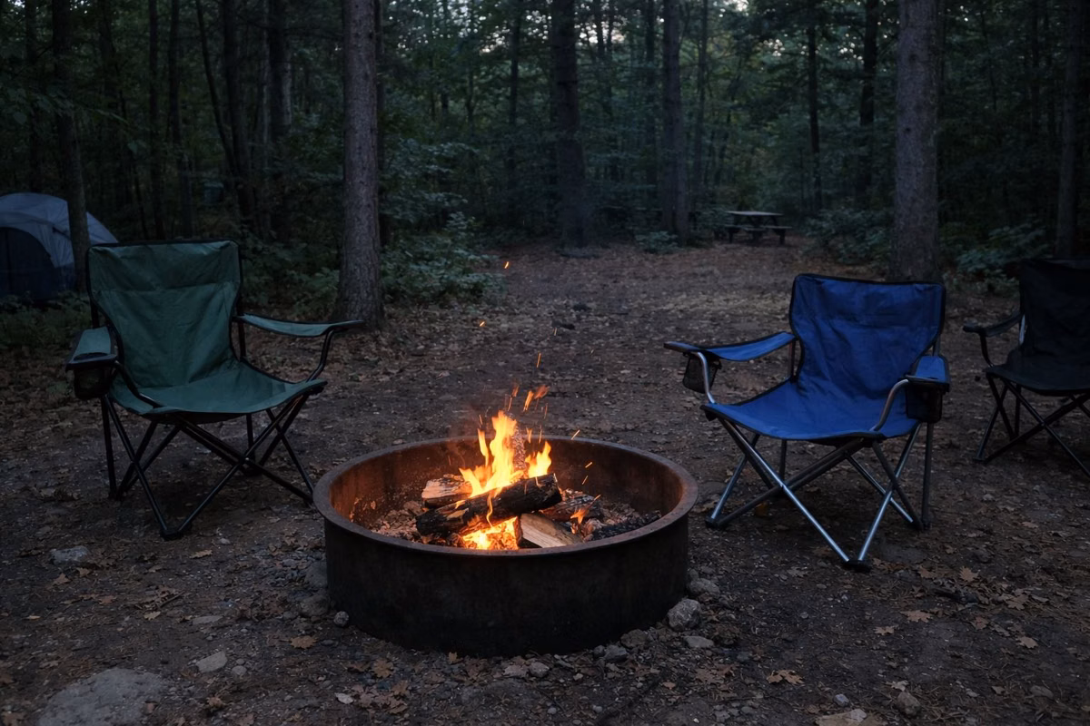 A small campfire in a steel fire ring at a wooded campsite