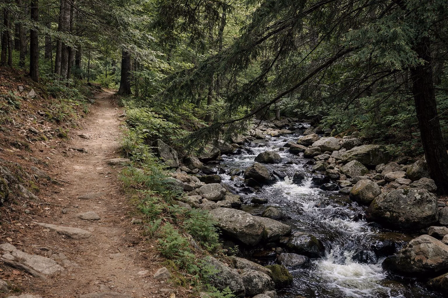 A dirt footpath beside a small rocky brook under hemlocks