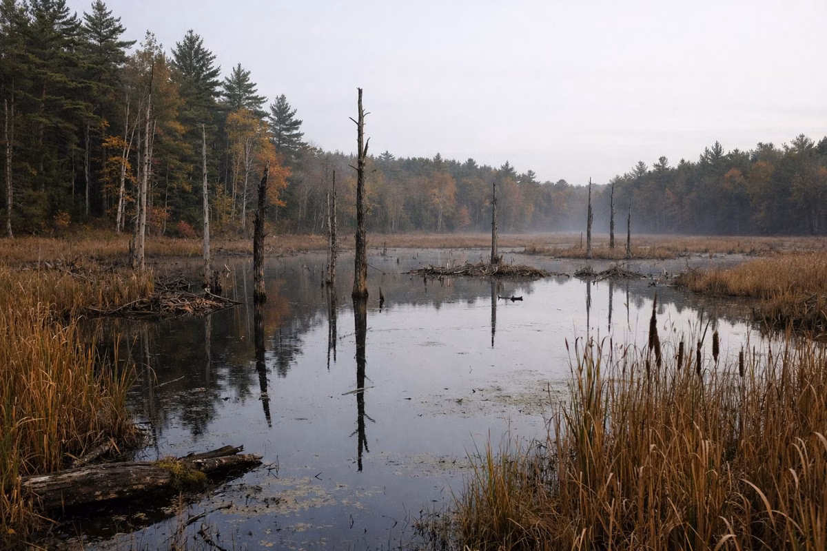 A quiet beaver marsh with standing snags and reeds