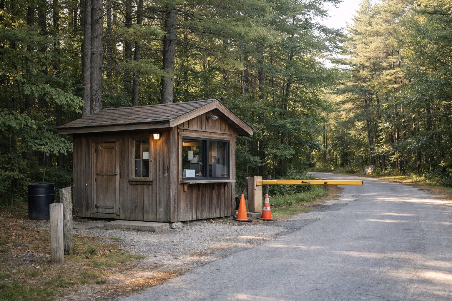 A small wooden entrance booth beside a park road in the woods