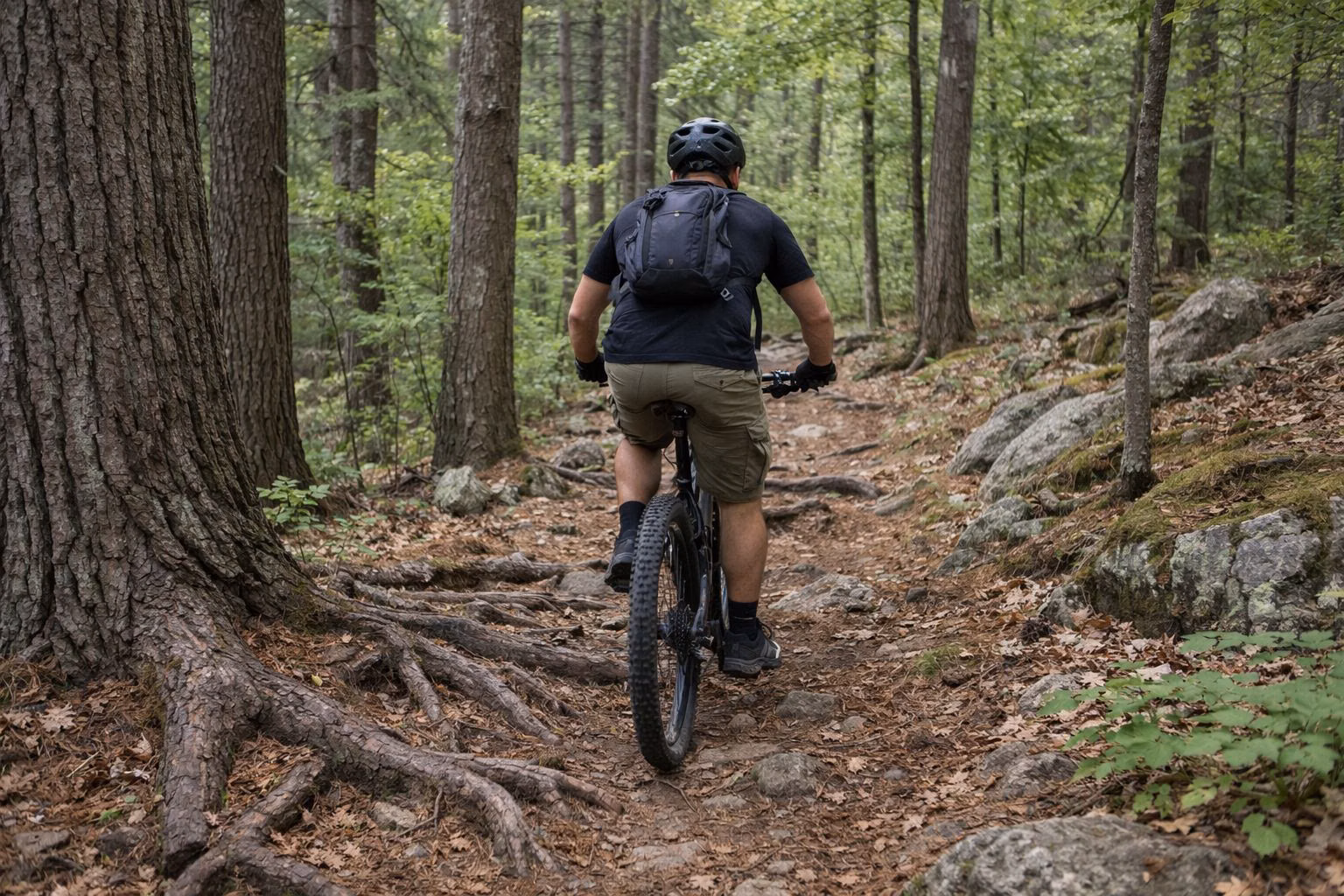 A mountain biker riding rooty singletrack through pine and oak forest