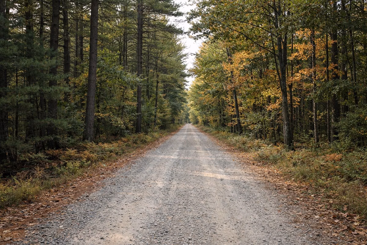 A wide gravel woods road through pine and oak forest