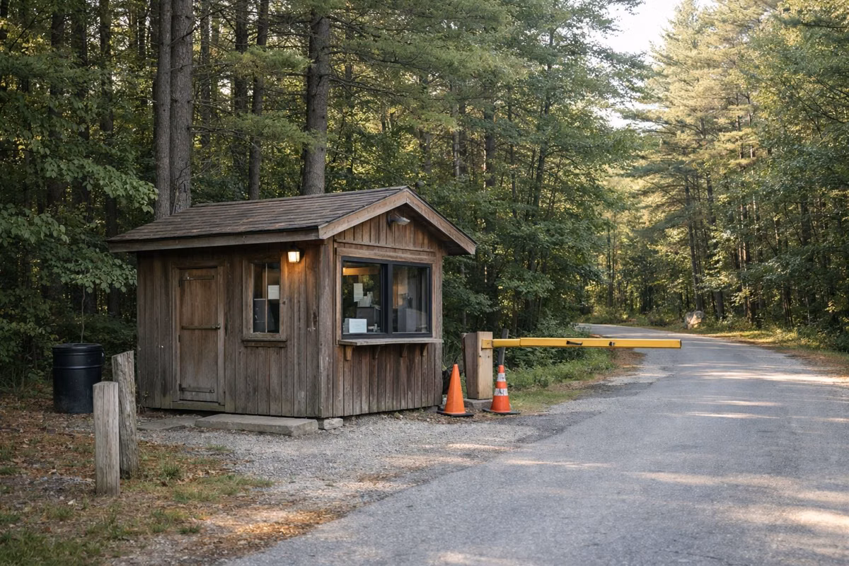 A small wooden entrance booth beside a park road in the woods