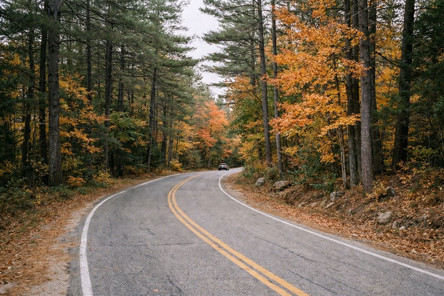 A narrow paved road curving through pine and maple forest