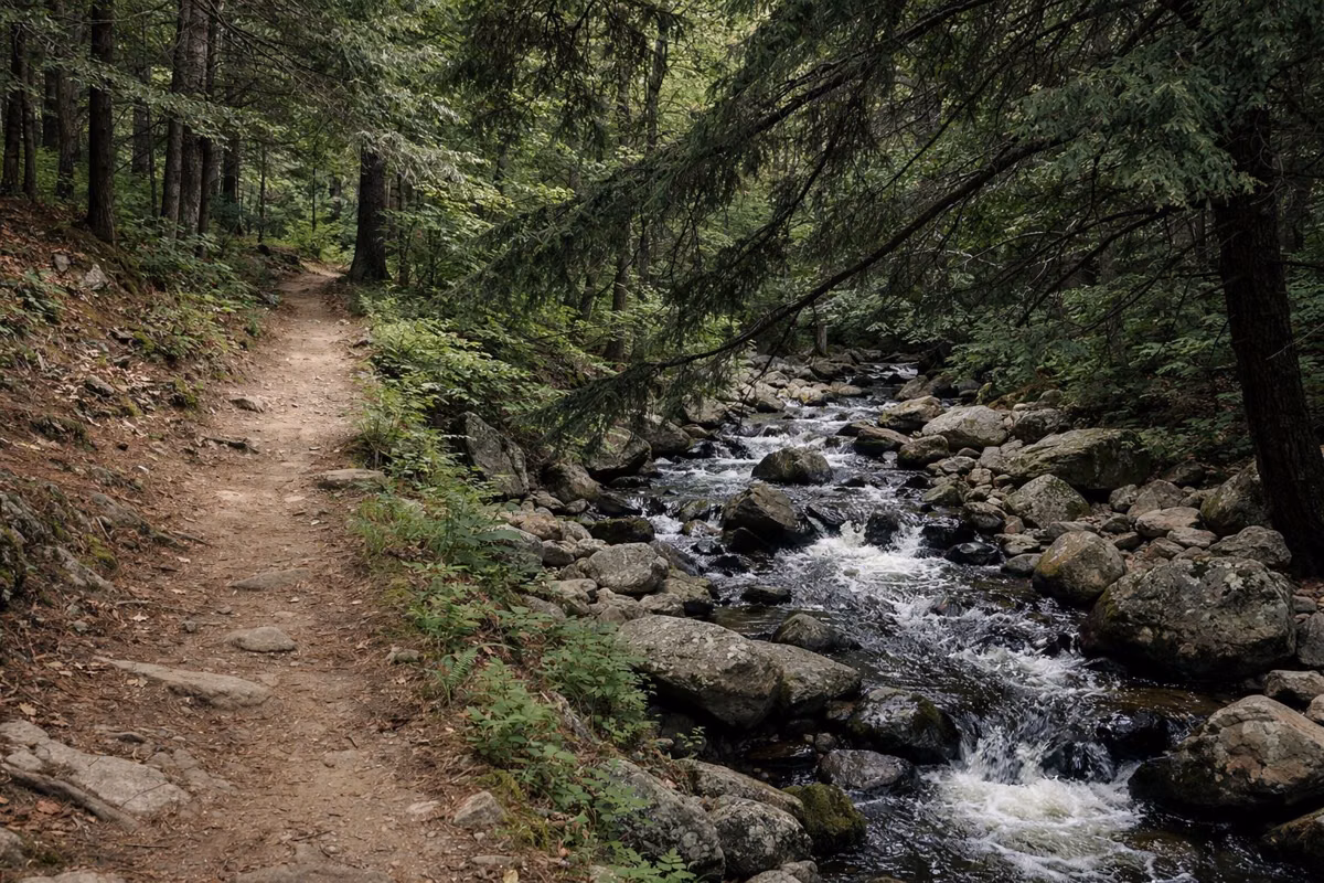A dirt footpath beside a small rocky brook under hemlocks