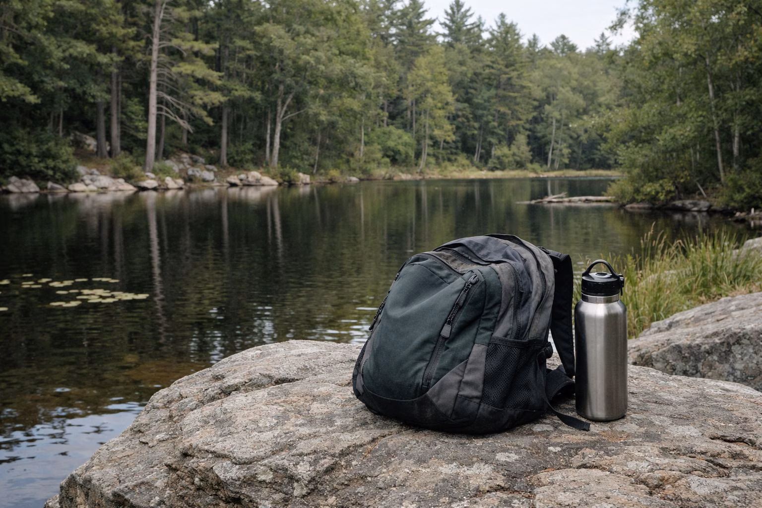 A daypack and water bottle on a rock beside a forest pond