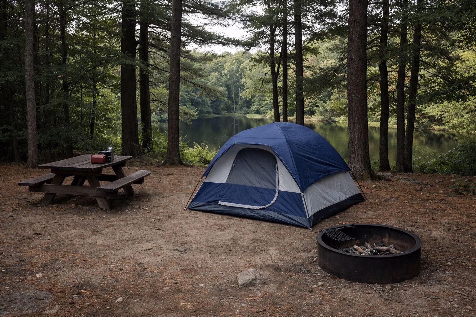 A wooded campsite with a tent, picnic table and fire ring under pines
