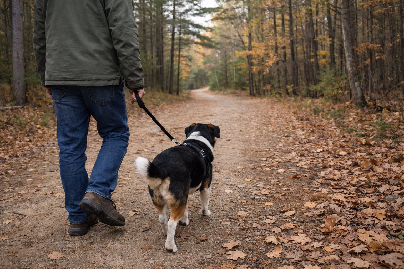 A leashed dog walking with its owner on a wide forest trail