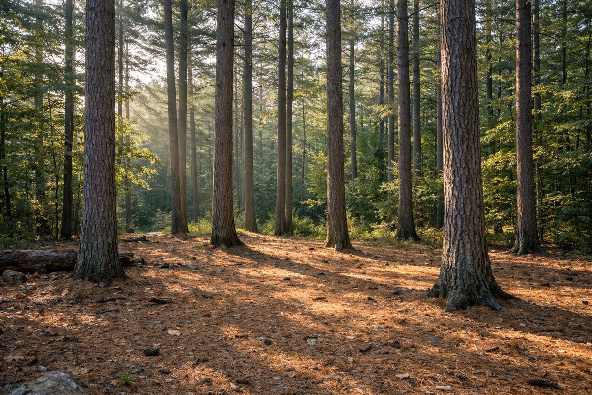 Morning sunlight through a stand of tall white pines